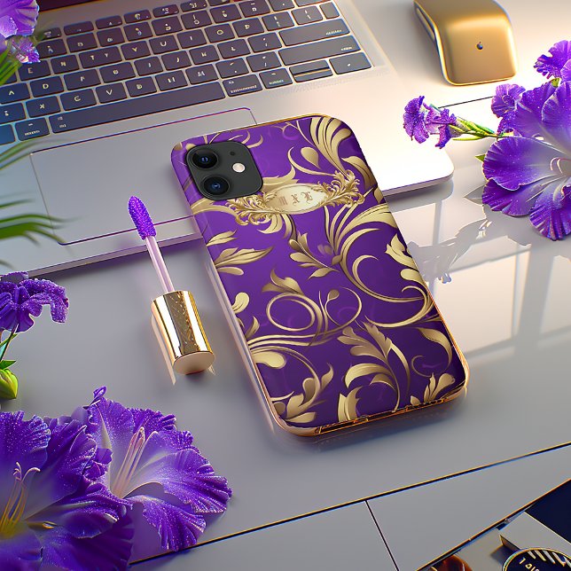 Coques Case-Mate iPhone Boîtier téléphonique personnalisé violet or (Chic Monogrammed Gold and Regal Purple iPhone Cover )
