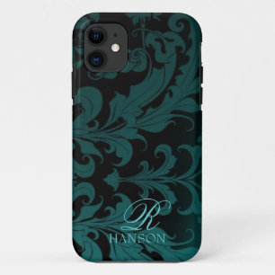 Coque iPhone 11 Boîtier téléphonique Turquoise Vintage Damas Monog
