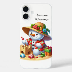 Coque Pour iPhone 16 Plus Bonhomme de neige de plage de Noël festive personn