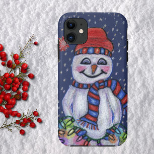 Coque iPhone 11 Bonhomme de neige souriant aux lumières de Noël