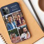 Case-Mate iPhone Case Bonjour ! 4 Photo Collage bleu foncé Personnalisé<br><div class="desc">Créez votre propre étui téléphonique personnalisé pour iphone 11 pro max et de nombreux autres modèles. Le design comprend un collage photo de style grille avec 4 de vos photos préférées, votre nom et le mot bonjour! Le modèle photo est configuré pour vous permettre d'ajouter vos photos, en travaillant dans...</div>