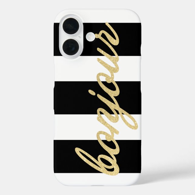 Coques Case-Mate iPhone Bonjour dans Gold Script Black Stripes Français He (Verso)