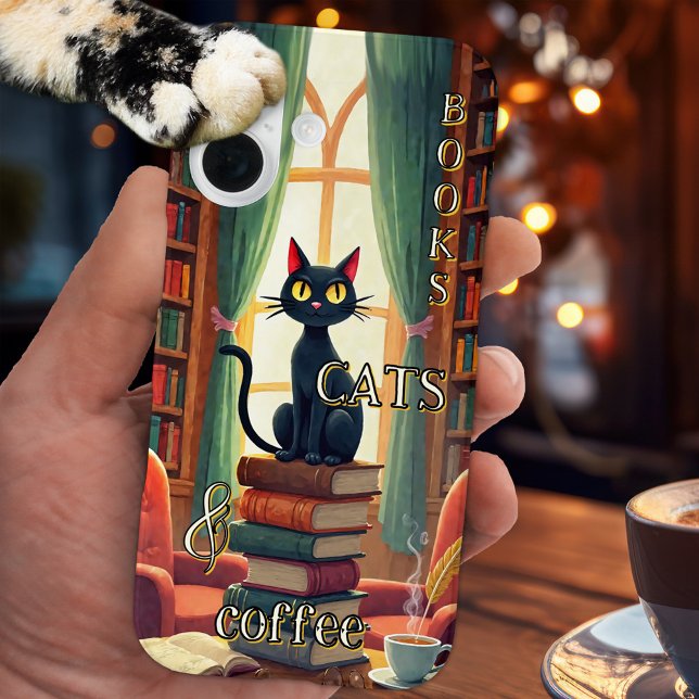 Coques Case-Mate iPhone Books Cats and Coffee Phone Case  (Cute phone case featuring a painting of a black cat on a pile of books - with coffee)