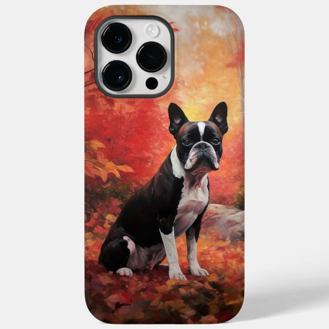 Coques Case-Mate iPhone Boston Terrier dans les feuilles d'automne qui tom (Verso)