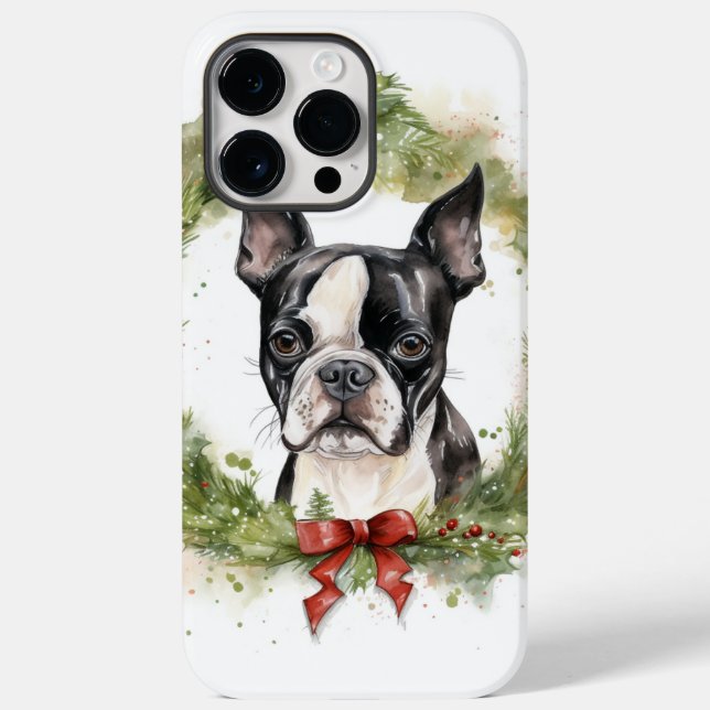 Coques Case-Mate iPhone Boston Terrier Noël Wreath Festive Pup (Verso)