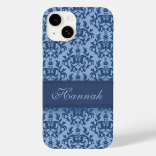 Coque Pour iPhone 14 Botanique damas poudre bleu nom personnalisé