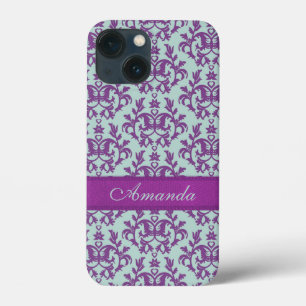 iPhone 13 Mini Case Botanique damassé violet émeraude