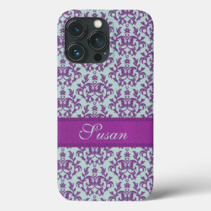 Coques Pour iPhone Botanique damassé violet émeraude pâle