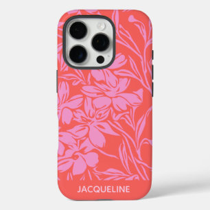 Coque iPhone 16 Pro Botanique Floral Boho Art en Rouge Rose Personnali