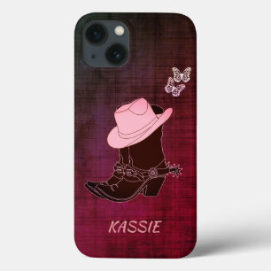 iPhone 13 Coque Botte de cowgirl Chapeau Papillon Bordeaux Personn