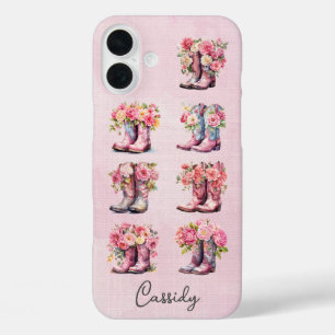 Coque Pour iPhone 16 Plus Bottes de cowgirl roses avec fleurs monogrammées