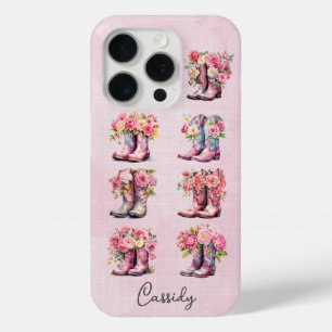 Coque Case-Mate iPhone Bottes de cowgirl roses avec fleurs monogrammées