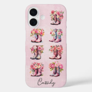 Coque Pour iPhone 16 Bottes de cowgirl roses avec fleurs monogrammées