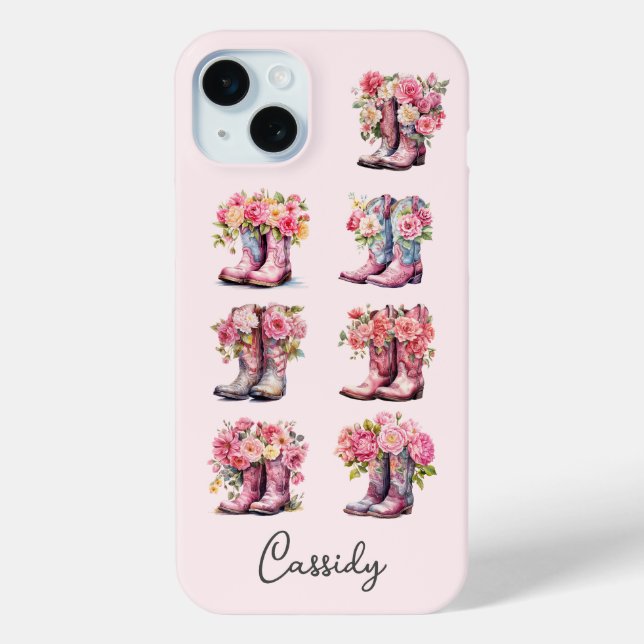 Coques Case-Mate iPhone Bottes de cowgirl roses avec fleurs monogrammées (Verso)