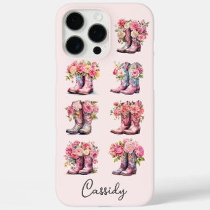 Coque iPhone 16 Pro Max Bottes de cowgirl roses avec fleurs monogrammées