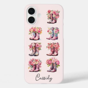 Coque Pour iPhone 16 Plus Bottes de cowgirl roses avec fleurs monogrammées
