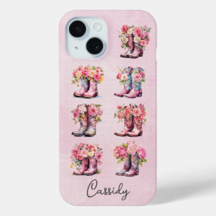 Coque Case-Mate iPhone Bottes de cowgirl roses avec fleurs monogrammées