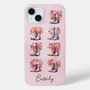Coque Case-Mate iPhone Bottes de cowgirl roses avec fleurs monogrammées