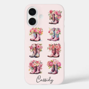 Coque Pour iPhone 16 Bottes de cowgirl roses avec fleurs monogrammées