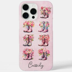 Coque iPhone 16 Pro Max Bottes de cowgirl roses avec fleurs monogrammées