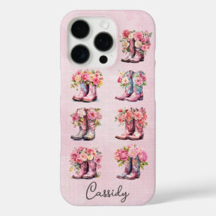 Coque iPhone 16 Pro Bottes de cowgirl roses avec fleurs monogrammées