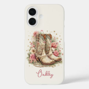 Coque Pour iPhone 16 Bottes Élegantes de Cowgirl avec Fleurs Monogrammé
