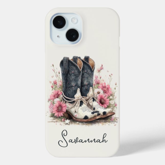 Coques Case-Mate iPhone Bottes élégantes en cuir de vache avec fleurs mono (Verso)