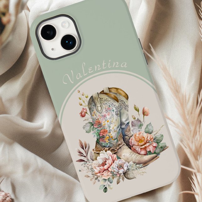 Coques Case-Mate iPhone Bottes florales de cowgirl en Arch Green Personnal (Personalized iphone case with floral gowgirl boots by Darling & May)