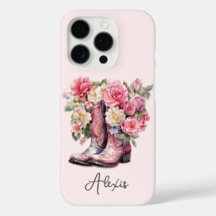 Coque iPhone 16 Pro Bottes roses avec monogramme de fleurs