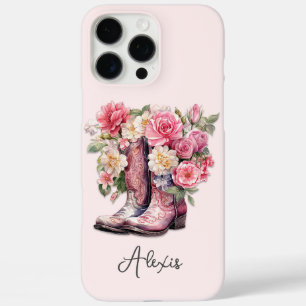 Coque iPhone 16 Pro Max Bottes roses avec monogramme de fleurs