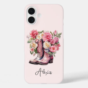 Coque Pour iPhone 16 Plus Bottes roses avec monogramme de fleurs