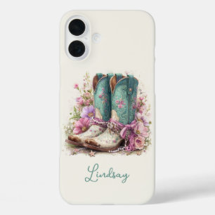Coque Pour iPhone 16 Plus Bottes sarcelles élégantes avec monogramme de fleu