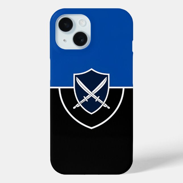 Coques Case-Mate iPhone Bouclier avec épées croisées sur bleu et noir (Verso)