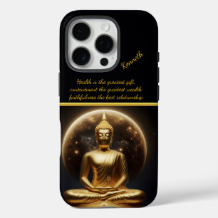 Coque iPhone 16 Pro Bouddha d'or illuminé par la Lune. Art IA