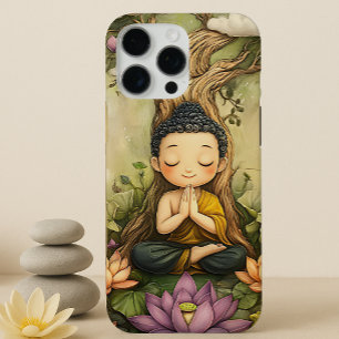 Coque iPhone 16 Pro Max Bouddha mignon méditant Art spirituel Zen Lotus