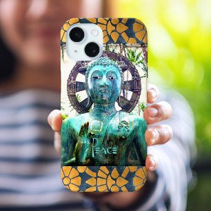 Coque Case-Mate iPhone Bouddha Turquoise Photo Mosaïque Bordure Dorée