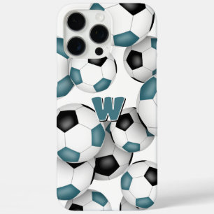 Coque iPhone 16 Pro Max boule de football noir turquoise monogrammed