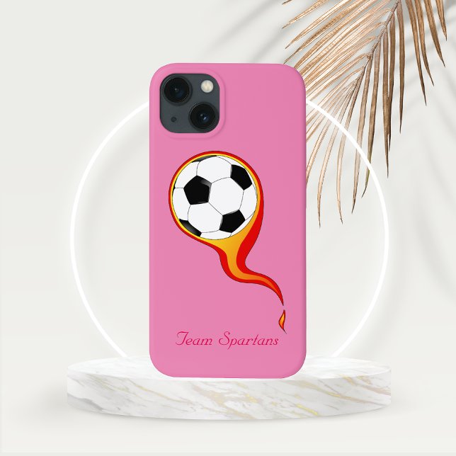 Coques Case-Mate iPhone Boule de soccer flamboyante sur rose Rose Personna (Flaming Football or Soccer Ball with Personalization Line Phone Case)