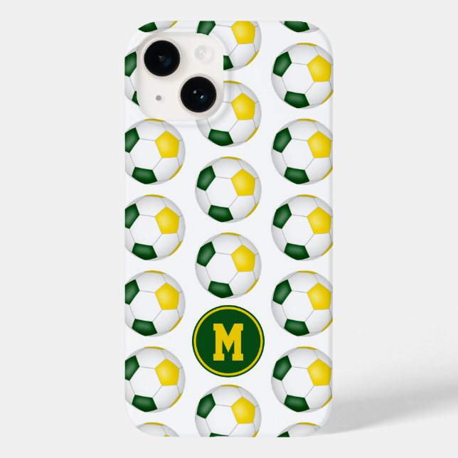 Coques Case-Mate iPhone boules de soccer en or vert motif monogrammé (Verso)