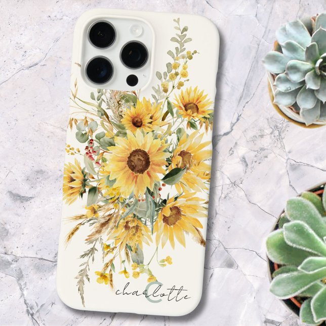 Coques Case-Mate iPhone Bouquet de tournesols à l'aquarelle avec monogramm (In situ)