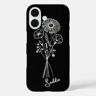 Coque Pour iPhone 16 Bouquet floral personnalisé Art en ligne noire et