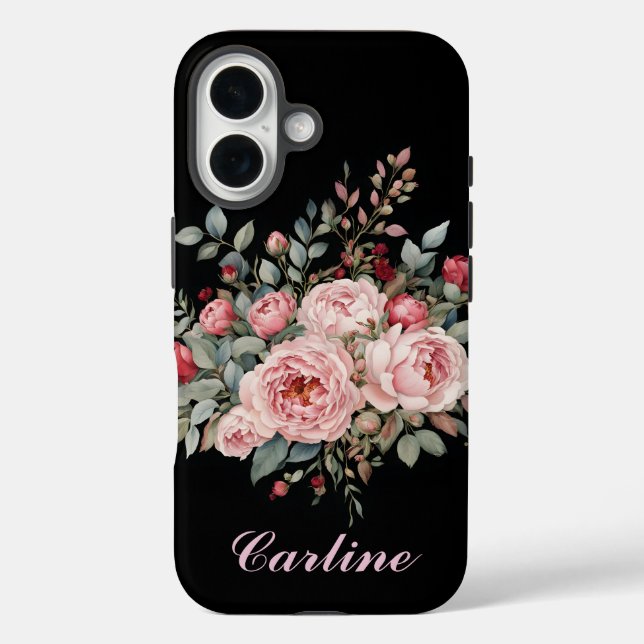 Coques Case-Mate iPhone Bouquet rose et rose rouge sur noir (Verso)