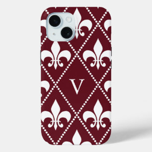 Coque Pour iPhone 15 Bourgogne Fleur de Lis avec monogramme