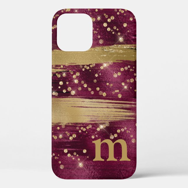 Coques Case-Mate iPhone Bourgogne Monogramme Script Pailleté Or (Verso)