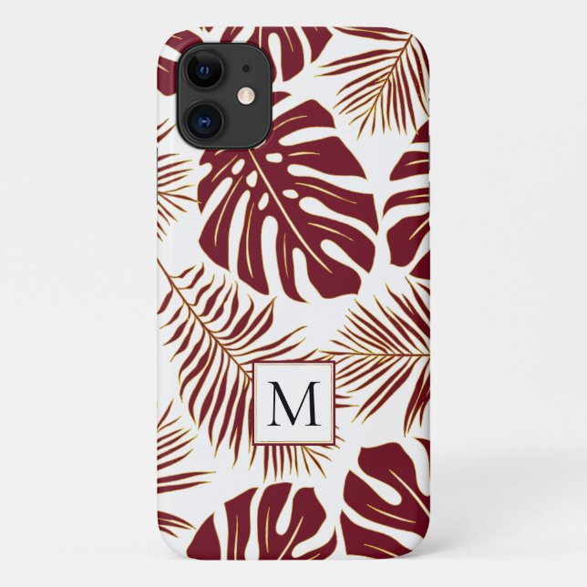 Coques Case-Mate iPhone Bourgogne rouge et or tropicaux feuilles et monogr (Dos)