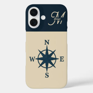 Coque Pour iPhone 16 boussole bleu marine avec Monogram Beige Coastal