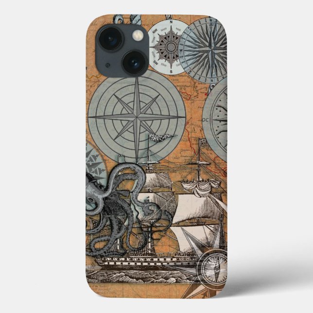 Coques Case-Mate iPhone Boussole Rose Vintage Nautique Octopus Ship (Verso)