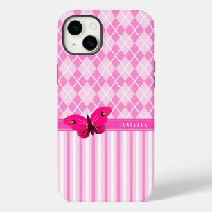 Coque Pour iPhone 14 Plus Bouton Motif Jacquard rose et rayures Durable