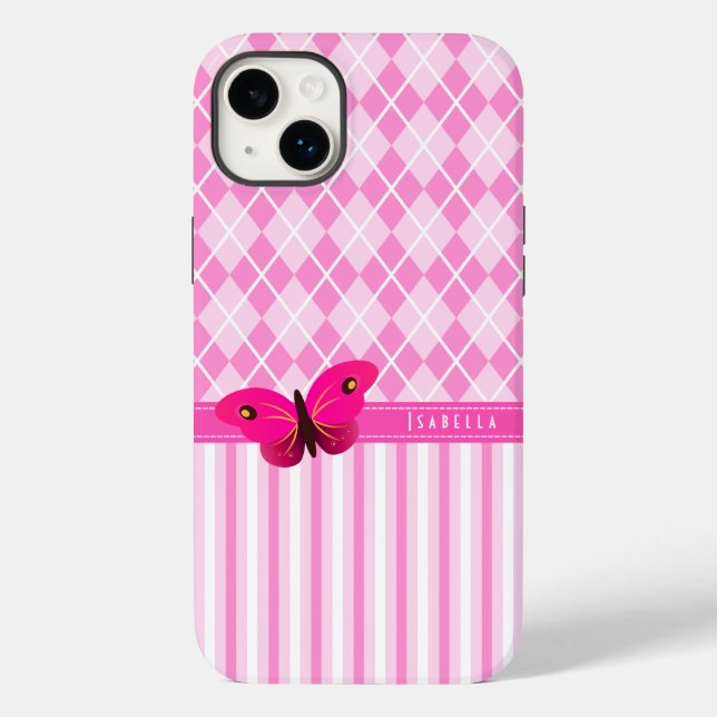 Coques Case-Mate iPhone Bouton Motif Jacquard rose et rayures Durable (Verso)