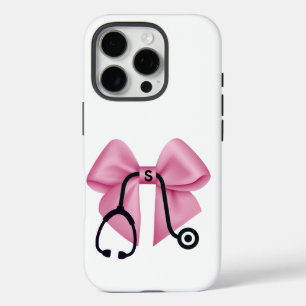 Coque iPhone 16 Pro Bow rose et stéthoscope Personnalisé Médicale